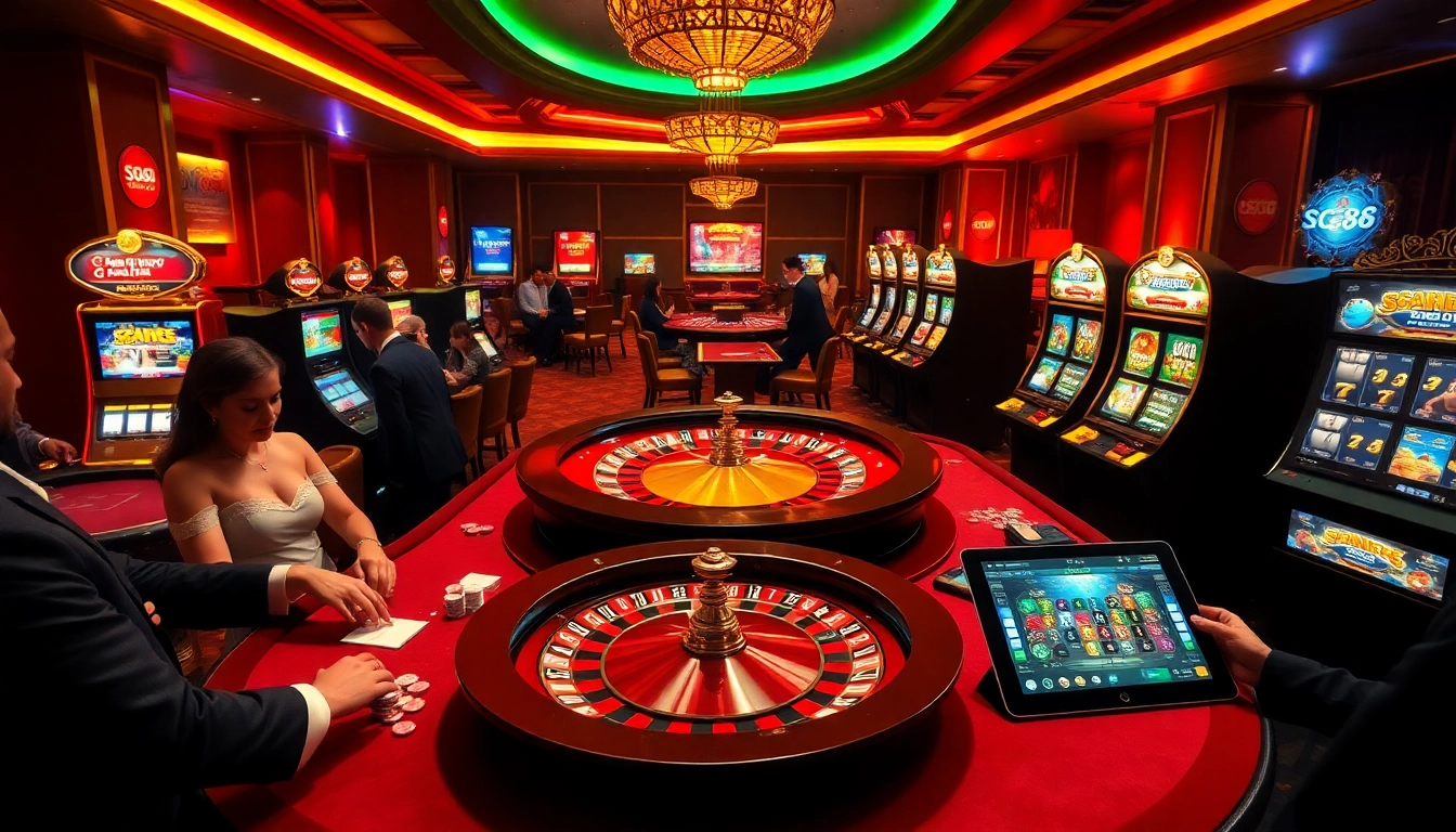 Players enjoying a luxurious casino atmosphere with SC88 branding while engaging in roulette and poker.