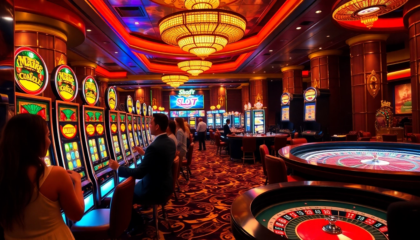 Players enjoying vibrant slot777 machines in a luxurious casino ambiance.