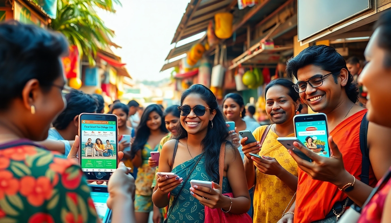 Engaging scene showcasing SL Ads with diverse users interacting in a vibrant Sri Lankan marketplace.