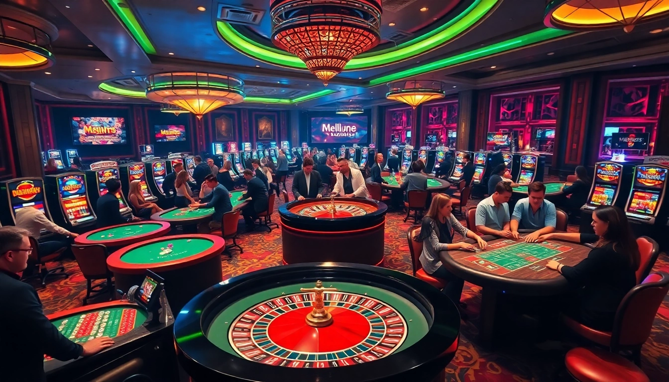 Des joueurs profitant de l'excitation des meilleurs casinos en ligne sur un sol de jeu luxueux avec des tables de roulette et de poker.