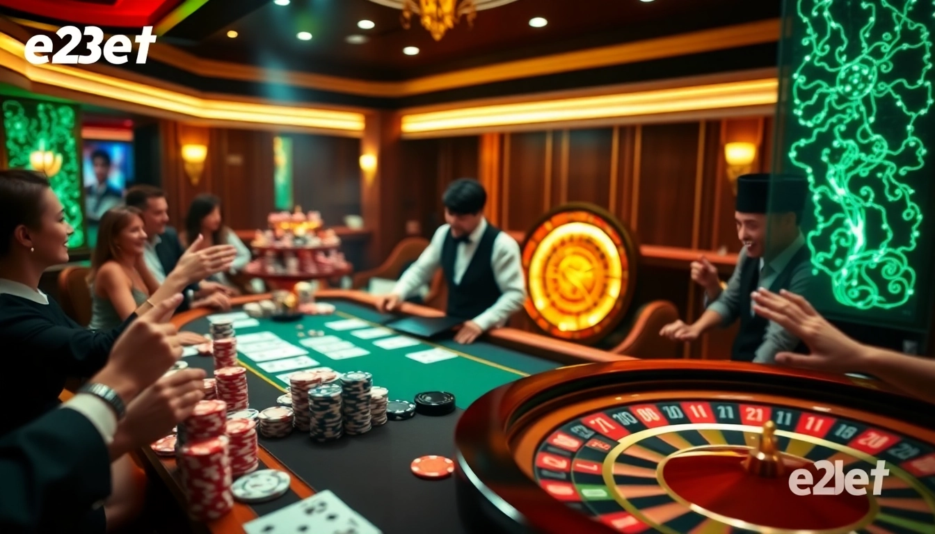 Players enjoying a live dealer game at e2bet's luxurious casino table, filled with excitement.