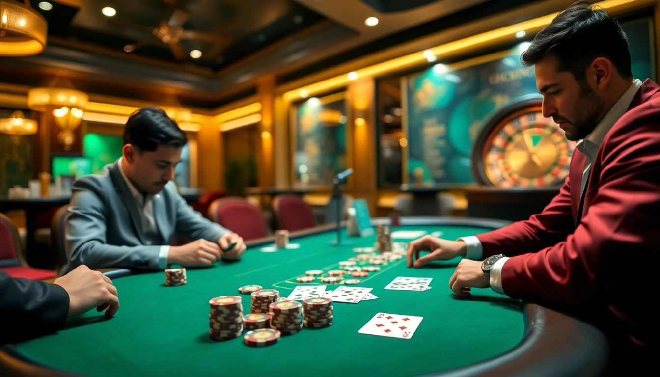 TT88 poker players engaging in an exciting game at a luxury casino table.