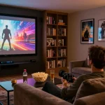 Enjoying a film at home with AV66TH, featuring a cozy theatre setup and immersive atmosphere.