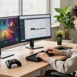 A modern workspace showcasing ROKOK88's wireless keyboard and headset, emphasizing comfort and efficiency for gaming.