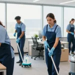 Professionelle Gebäudereinigung Düsseldorf mit einem Reinigungsteam, das Büros sauber hält und umweltfreundliche Reinigungsmittel verwendet.
