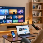 Der IPTV Smart Player wird auf einem modernen Smart-TV in einem gemütlichen Wohnzimmer angezeigt, während der Benutzer entspannt im Sessel sitzt.