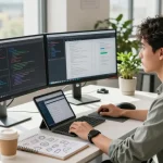 Build internal tools with AI in a collaborative tech workspace with developers coding and brainstorming ideas.