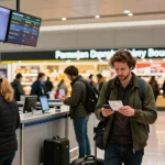 Transit durch Europa mit alter Rechtssache, laut Rechtsexperten abgebildet im geschäftigen Flughafen.