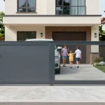 Schiebetore von WIŚNIOWSKI, modernes Design, Familien-Einfahrt, Sicherheit und Funktionalität.