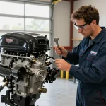 Technician inspecting a used outboard engine USA in a service bay.