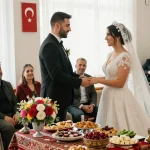 Couple celebrating Turkish Citizenship by Marriage during a joyful wedding ceremony with cultural elements.
